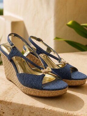 Nina Denim Strap Wedge Sandals Size 8